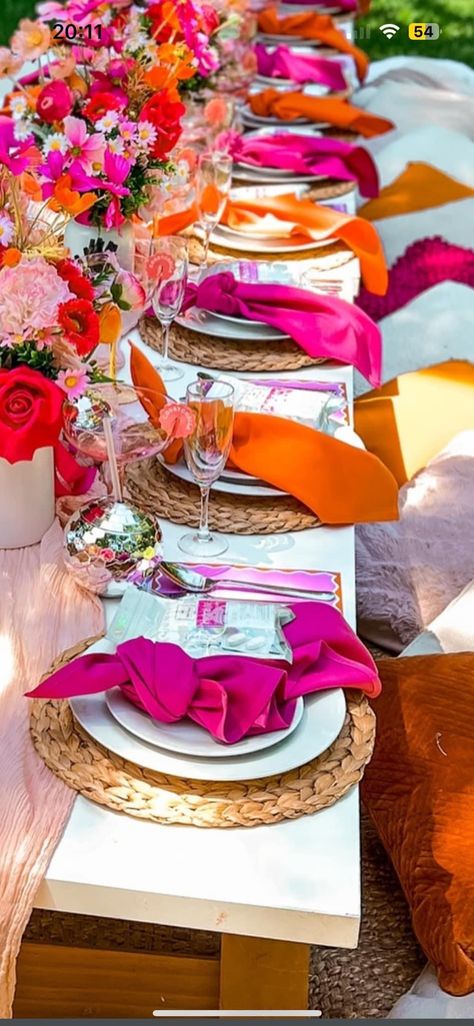 Sunset Color Party Decor, Burnt Orange Tablescape, Sunset Soiree Party, Sunset Wedding Theme Decoration, Pink And Orange Tablescape, Sunset Themed Wedding Decor, Pink And Orange Bridesmaids, Pop Of Colour Wedding, Orange Dinner Party