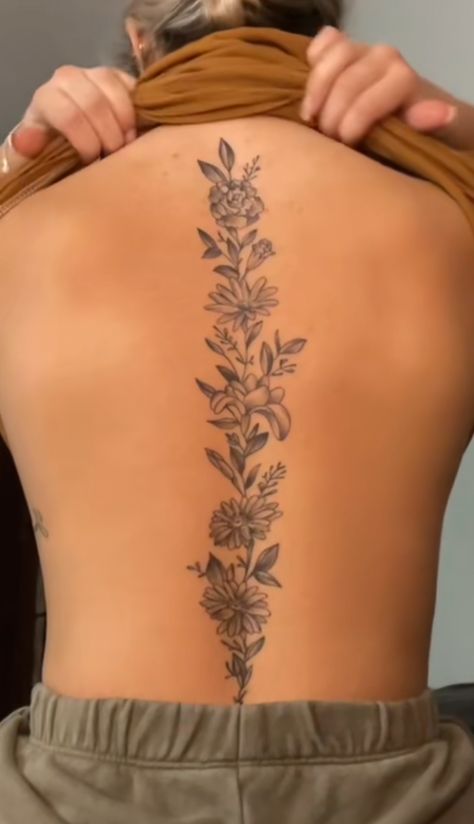 Detailed Spine Tattoos For Women, Flower Spinal Tattoo Women, Honeysuckle Spine Tattoo, Spin Tattoos For Women Flowers, April Birth Flower Spine Tattoo, Spine Tattoos Cover Up, Spine Tattoo Sunflower, Large Spine Tattoos For Women, Spin Tattoos For Women Ideas