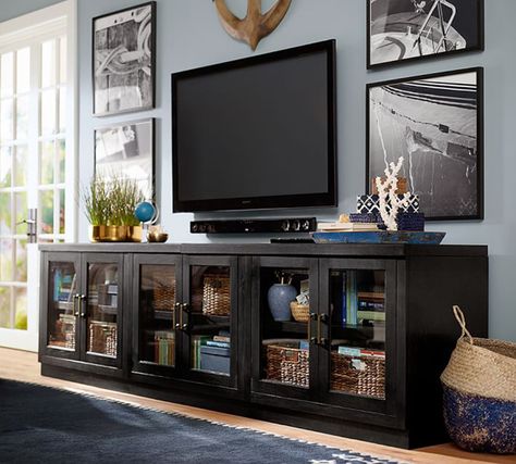 long black tv console Black Tv Console Living Room, Tv Console Living Room, Black Media Console, Black Tv Console, Console Living Room, Long Tv Stand, Entertainment Console Decor, Swivel Tv Stand, Built In Entertainment Center