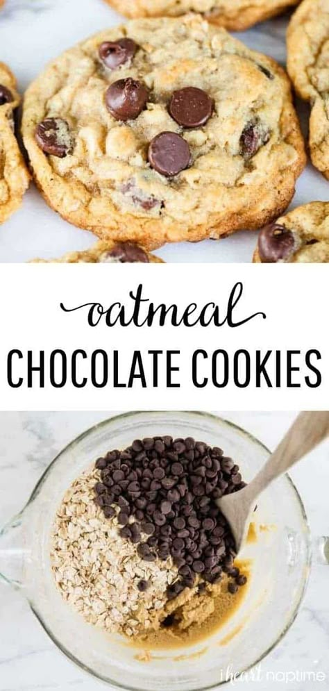 Oatmeal Chocolate Chip Cookies - Soft and chewy on the inside, with perfectly crispy edges. Made in one bowl in less than 30 minutes! #cookies #cookiedough #cookierecipes #oatmeal #oatmealrecipes #oatmealcookies #chocolate #chocolatechip #chocolatechipcookies #desserts #dessertrecipes #baking #recipes #iheartnaptime Clean Chocolate Chip Cookies, One Bowl Cookies, Easy Oatmeal Chocolate Chip Cookies, Gerd Recipes, Oatmeal Chocolate Chip Cookie Recipe, Tasty Cookies, Cookies Soft, Cranberry Muffins, Easy Oatmeal