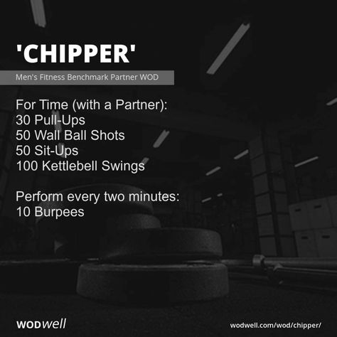 For Time (with a Partner); 30 Pull-Ups; 50 Wall Ball Shots; 50 Sit-Ups; 100 Kettlebell Swings; Perform every two minutes:; 10 Burpees Partner Wod Crossfit, Chipper Workout, Partner Wod, Partner Workouts, Quinoa Salads, Wods Crossfit, Burpee Workout, Crossfit Workouts Wod, Crossfit Wods