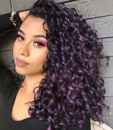 15 Temporary Dyed Hair Color Ideas - Secretly Sensational Cute Hair Dye Ideas For Curly Hair Purple, Purple Peekaboo Curly Hair, Dyed Curly Hair Ideas Colour Purple, Curly Hair Dyed Tips, Curly Hair Color Ideas Purple, Dark Purple Hair Curly, Lavender Curly Hair, Black Hair With Purple Highlights, Curly Dyed Hair Natural Curls