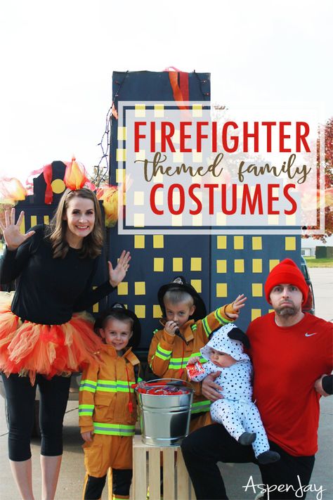 Firefighter family costumes for Halloween!!! Love the Firefighter themed trunk or treat! #firefighterfamily Fire Fighter Halloween Costume Couple, Family Halloween Firefighter, Firefighter Halloween Family Costumes, Firefighter And Flame Costume, Firemen Family Costume, Firetruck Family Costume, Trunk Or Treat Ideas For Cars Firefighter, Fire Flame Costume, Firefighter Family Costume Ideas