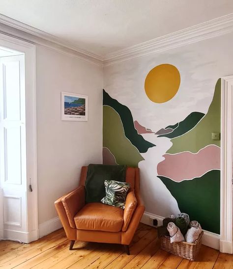 Diy Mountain Mural, Wall Murals Painted Diy, Wall Mural Ideas, Painting A Mural, Playroom Mural, Nursery Wall Painting, Office Mural, Wall Murals Diy, Diy Mural