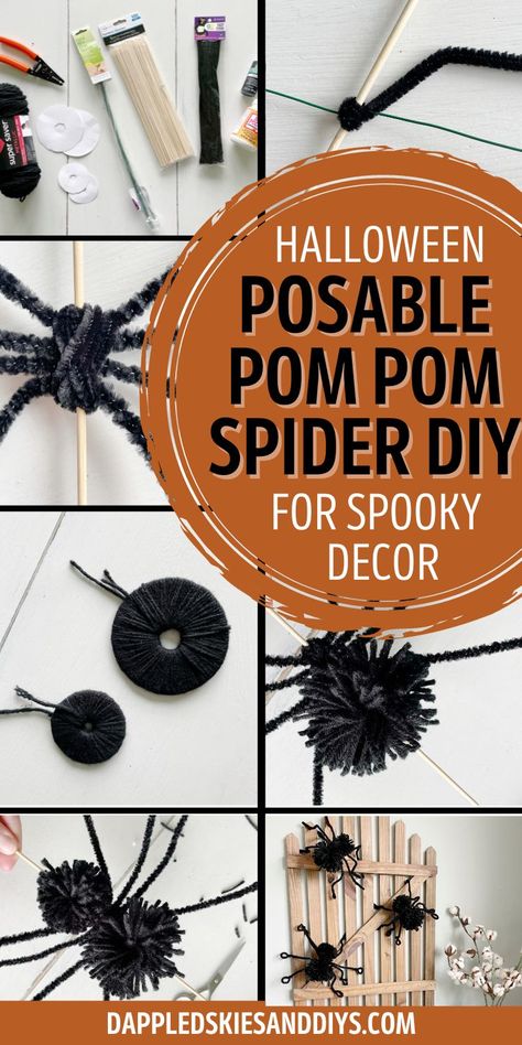 Pom pom spiders made from black yarn and pipe cleaners. How To Make A Spider, Pompom Spiders, Diy Spider Decoration, Spider Art Preschool, Diy Spider Decorations, Spiders Aesthetic, Pom Pom Spider, Scary Halloween Decorations Outdoor Diy, Spider Halloween Decorations