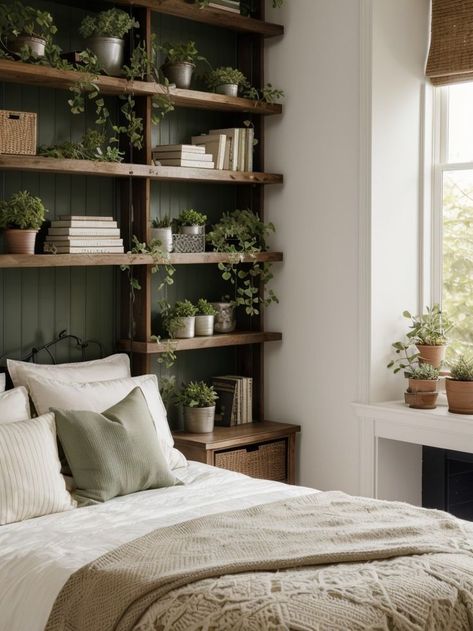 Hanging Shelves Over Bed, Floating Shelves Green Wall, Naturalistic Bedroom Ideas, Bookcase Floating Shelves, Green Wood Bedroom Aesthetic, Tall Bookshelves In Bedroom, Cozy Book Aesthetic Bedroom, Botanical House Decor, Cozy Book Nook Ideas