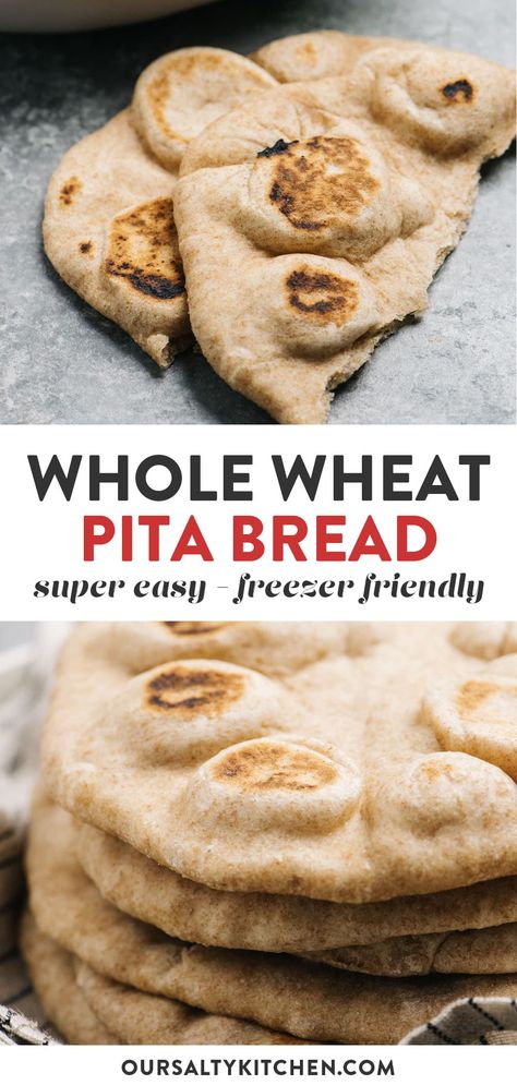 Homemade whole wheat pita bread is is delicious, economical, and couldn't be easier to make - so much better than anything you can buy in a store! The ingredient list is short, and the method is so easier. If you're intimated by baking your own flatbread bread, this is the perfect recipe to get you started. We use this pita bread as an all purpose flatbread to serve with curries, alongside hummus and dips, and as a sandwich bread too. Pita Bread Recipe Whole Wheat, Homemade Healthy Pita Bread, Oat Flour Pita Bread, Easy Pitta Bread Recipe, Healthy Pita Bread Recipe, Whole Wheat Flatbread Recipe, Fresh Ground Wheat Recipes, How To Make Pita Bread, Mediterranean Bread Recipes