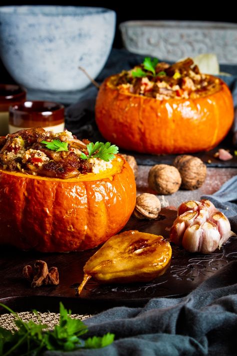 Roasted Hokkaido pumpkin stuffed with couscous and veggies Pumpkin Chunks Recipes, Hokkaido Pumpkin Recipes, Hokkaido Recipe, Stuffed Pumpkin Recipes, Pumpkin Couscous, Spooky Brunch, Hokkaido Pumpkin, Vegetarian Inspiration, Pumpkin Dinner