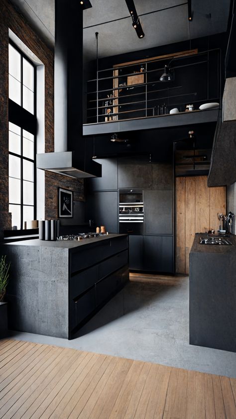 Kitchen. Black design inspired modern architecture Industrial Minimalism Interior, Black Walls Industrial, Black Minimalism Interior, Black Loft Apartment, Black Dream Kitchen, Minimal Industrial Kitchen, Black Modern Home, All Black Kitchen Ideas, Dark Kitchen Aesthetic