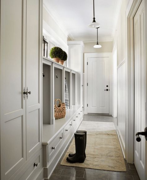 Contemporary Mudroom, Cornforth White, Country Laundry Rooms, Mudroom Design, Long Hallway, Farrow And Ball, Boot Room, Laundry Mud Room, Mud Room