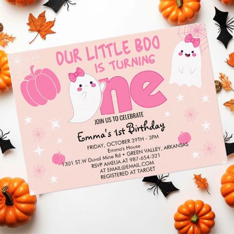 $2.92 | Cute Pink Little Boo Halloween First Birthday | Birthday Invitations | 1st birthday, cute ghost halloween, halloween 1st birthday party, my first birthday halloween, halloween birthday 1st birthday girl, halloween 1 year old birthday, pink halloween birthday, ghost, spooky one, little boo is turning one Halloween Birthday Party 1 Year, 1st Birthday Party Ideas October, First Birthday Girl Themes October, October Theme Birthday Party, Halloween Themed First Birthday Girl, October First Birthday Girl Themes, First Birthday Girl Halloween Theme, First Birthday October Girl, Our Little Boo Is Turning One