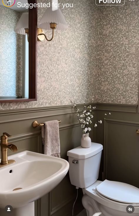 Mauve Bathroom, Half Bath Design, Colonial Revival House, Wallpaper Powder Room, Small Downstairs Toilet, Antique Brass Bathroom, Sandberg Wallpaper, Downstairs Toilet, Powder Room Design