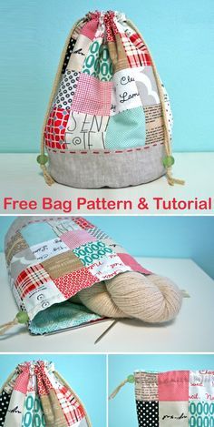 Drawstring Bag Tutorial, Drawstring Bag Diy, Drawstring Bag Tutorials, Drawstring Bag Pattern, Small Knitting Projects, Patchwork Diy, Patchwork Tutorial, Bag Sewing Pattern, Bag Pattern Free