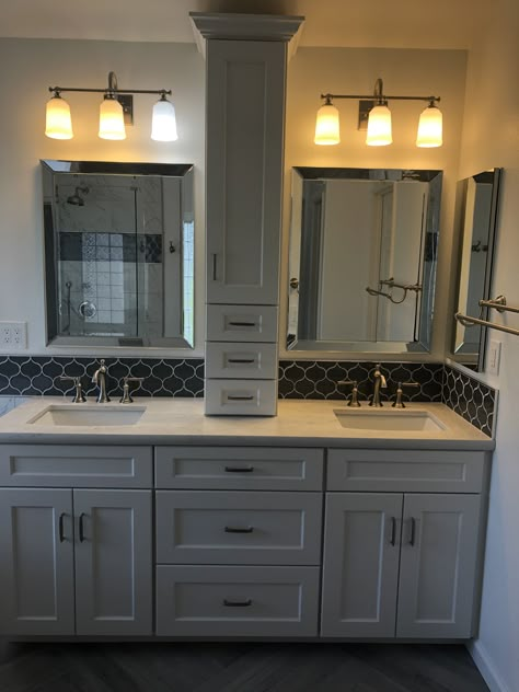 Master Bath With Tower Cabinets, 72 Inch Bathroom Vanity With Tower, Double Vanity Bathroom Ideas With Center Tower, Bathroom Cabinet Styles, 72 Inch Bathroom Vanity Double Sinks With Center Tower, Bathroom Cabinet On Top Of Counter, Master Bath Vanity With Center Tower, Quartz Vanity Tops Bathroom, Bathroom Counter Remodel