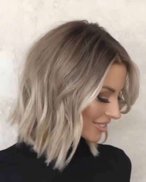 Blonde Ombre With Highlights, Angled Lob Haircut Thick Hair, Ash Blonde Highlights On Brown Hair Straight, Short Ashy Blonde Hair Dark Roots, Ash Blonde Long Bob, Root Smudge Blonde Straight Hair, Lob Hair Updo, Short Ash Hair, Adding Blonde To Brown Hair