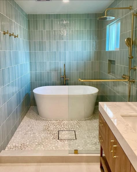 Marin Aloe Green Tile, Bathroom With Turquoise Tile, Aloe Green Tile Bathroom, Blue And Green Tile Bathroom, Bedrosians Marin Tile, Blue Wet Room, Blue Tile Design, Green Tile Bathtub Surround, Tropical Master Bath