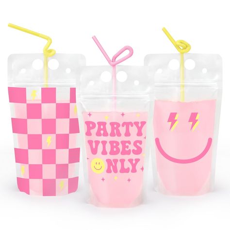 PRICES MAY VARY. Party Vibes Only: our 15 pack yellow and pink Preppy Party Drink Pouches are the birthday party addition you've been looking for + a guaranteed hit! Squad Approved: have fun celebrating with these Preppy Party Drink Pouches! The pouches come in 3 designs with 5 pcs per each including a checker print design, lightening smiley face design, and ""Party Vibes Only"" design. Pink + yellow twisty straws included. Spill Proof: say goodbye to spills with our resealable pouches; each pou Hang Loose Birthday Party, Funky Party Decor, Pink Smiley Birthday Theme, Smiley Face Checkered Birthday Party, Preppy Smiley Face Birthday Party, Teen Birthday Decorations, Birthday Drink Pouches, Preppy Party Ideas, Y2k Bachelorette Party