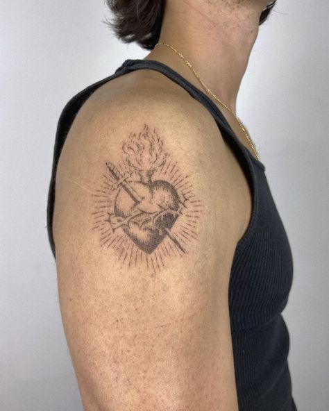 #handpoke #stickandpoke #handpoketattoo  #dotwork #sticknpoke  #tattooart Divine Sacred Heart Tattoo, The Sacred Heart Tattoo, Pierced Heart Tattoo, Stipple Tattoo Design, Burning Heart Tattoo, Tattoo Ideas Heart, Sacred Heart Tattoo, Sacred Tattoo, Sacred Heart Tattoos