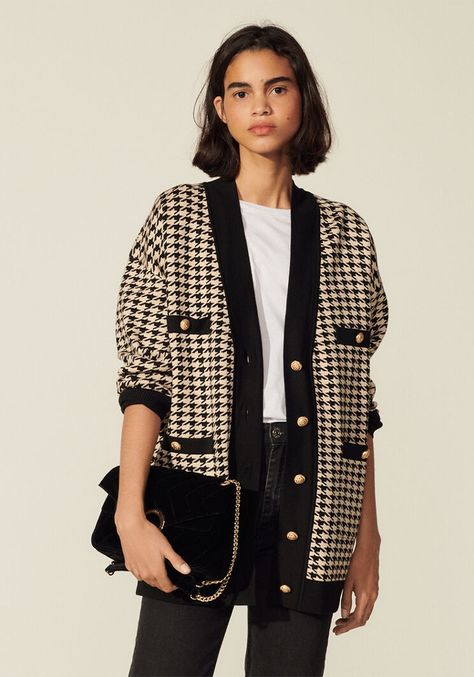 Houndstooth Cardigan, Fancy Buttons, Sandro Paris, Contrasting Trim, Elegante Casual, Cardigan Long, Houndstooth Pattern, Cut Loose, 가을 패션