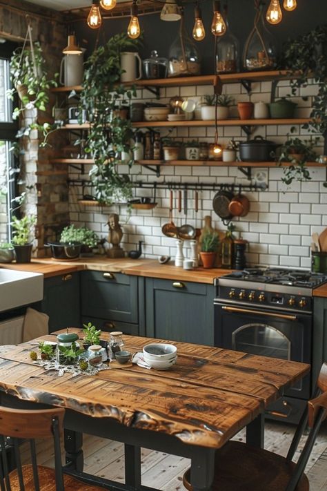 Kitchen Shelves With Plants, Ghibli Inspired Kitchen, Dark Academia Interior Design Kitchen, Earthy Home Aesthetic Kitchen, Apartment Kitchen Interior Design, Windowless Kitchen Ideas, Studio Ghibli Kitchen, Cosy Kitchen Ideas, Moody Kitchen Decor