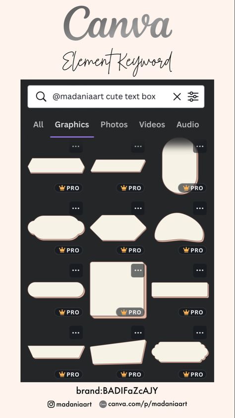 Canva Elements Keyword for text box. Element related to shape, textbox, square, background, and text. You can make any design with your chosen element. Find them on Canva! Click on the picture to get the elements! Copy & paste in Canva Search for more ELEMENTS FROM ME: artist:madaniaart || Canva Keyword || Canva Elements Keyword || Canva Element Ideas || Canva || Text box || Abstract Shape || Shape || Square Canva Text Box Element, Canva Elements Background, Canva Text Font, Canva Keywords Elements, Canva Text, Canva Codes, Canva Keywords, Canva Frames, Square Background