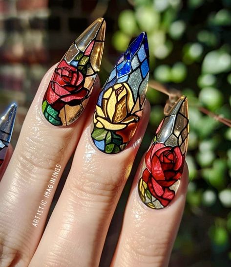 Stained Glass Halloween Nails, Gaudi Nails Art Designs, Mosaic Nails Design, Nails For Hairstylist, Artsy Nail Art, Stained Glass Nails Designs, Nature Inspired Nail Art, Stain Glass Window Nails, Medieval Nail Art