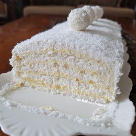 Rafaelo Cake, Raffaello Cake Recipe, Raffaello Cake, Entremet Recipe, Bulgaria Food, Custard Filling, Blanched Almonds, Unsweetened Coconut, Vanilla Sugar