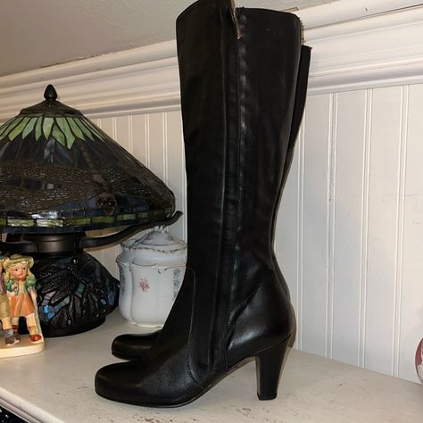 Never Worn. Heel Height 3”, Height 18” Black Leather Heeled Boots, High Heel Black Boots, Fashion Definition, 90210 Fashion, Couture Heels, Metallic Ankle Boots, Black Knee Boots, Pointy Toe Boots, High Heels Black