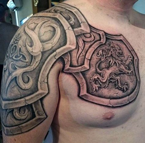 Epaulette Tattoo, Mens Armor, Tattoo Ribcage, Tattoos Celtic, Armour Tattoo, Shoulder Armour, Shoulder Armor Tattoo, Body Armor Tattoo, Shield Tattoo