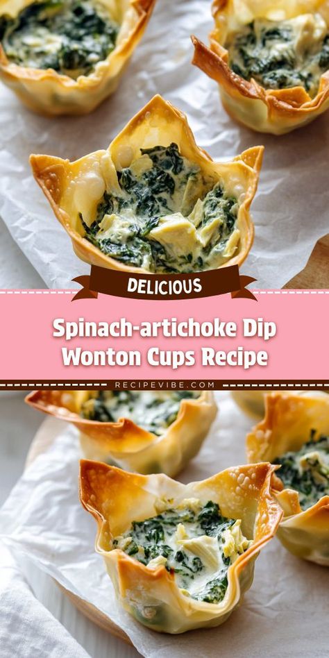 Craving an irresistible appetizer that’s sure to impress? Our Spinach-Artichoke Dip Wonton Cups deliver the perfect blend of creamy goodness and crispy texture! Ideal for any occasion, save this recipe for your next gathering and watch everyone rave about your culinary skills! Spinach Artichoke Dip Wonton Cups, Wonton Spinach Artichoke Cups, Spinach Wonton Cups, Spinach Dip Phyllo Cups, Brie Wonton Appetizer, Spinach Artichoke Dip Cups, Spinach Artichoke Wonton Cups, Spinach And Artichoke Wonton Cups, Spinach Artichoke Wontons