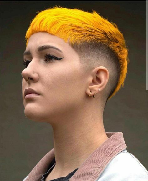 Short Mullet Shaved Sides, Short Hair Shaved Sides, Model Poster, Mullet Hairstyles, Dye Styles, Spring Hair Accessories, Pixie Mullet, Classic Pixie, Yellow Hair Color