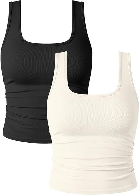 OQQ Womens 2 Piece Shirts Ruched Sleeveless Square Neck Seamless Stretch Fit Basic Tee Tops Black Beige at Amazon Women’s Clothing store Basic Pieces Of Clothing, Basic Clothes Essentials For Women, Basic Clothes Essentials, Thrift List, Thrift Clothes, Basic Clothes, Thrifted Outfits, Tops Black, Basic Shirts