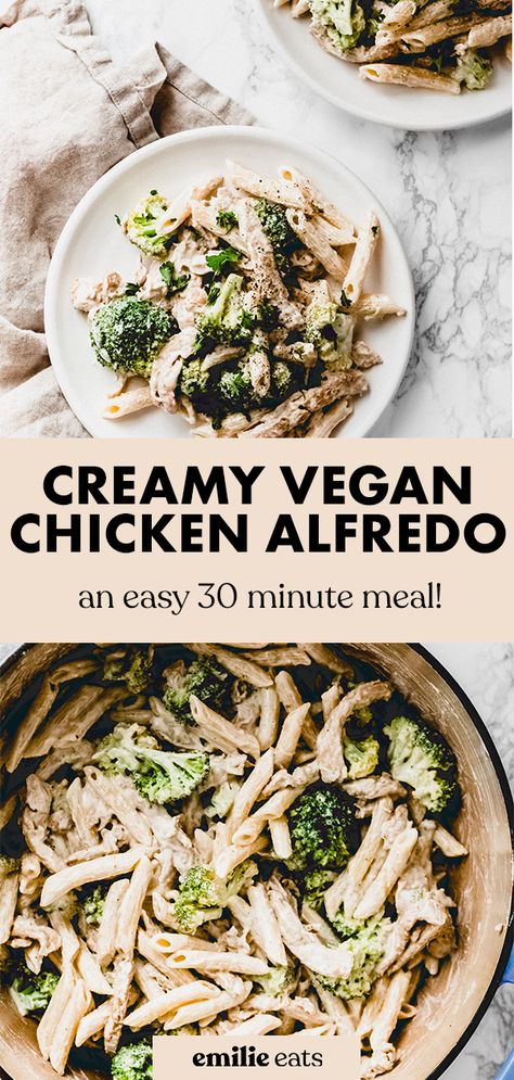 Vegan Chicken Alfredo, Chicken Broccoli Ziti, Chicken Alfredo With Broccoli, Cashew Alfredo Sauce, Alfredo With Broccoli, Broccoli Alfredo Pasta, Cashew Alfredo, Vegan Pasta Recipe, Easy Vegan Pasta