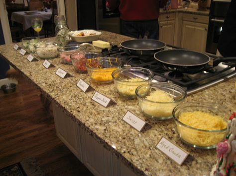 Breakfast Omelet Bar - fun for a sleepover! I would let them pick the toppings then make them their omelet or let them try DIY omelets Sleepover Breakfast, Omelette Station, Pajama Brunch, Omelette Bar, Best Omelette, Sour Cream Muffins, Breakfast Omelet, Diy Brunch, Thanksgiving Breakfast