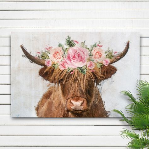 Floral Wreath Painting, Basement Bar Wall, Wreath Painting, Highland Cow Pictures, Rustic Basement Bar, Lounge Sign, Cow Wall Decor, Rustic Basement, Highland Cow Canvas