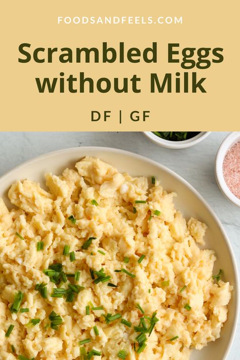 Full plate of fluffy dairy free eggs topped with green chives Dairy Free Scrambled Eggs, Scrambled Eggs Without Milk, Fluffy Scrambled Eggs, Milk Dairy, Gluten Free Egg Free, Organic Eggs, Dairy Free Eggs, Egg Yolks, Egg Dish