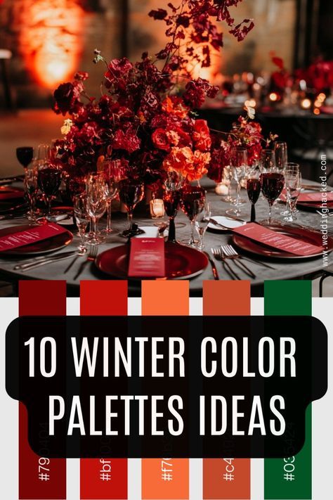 Best Winter Wedding Colors, Winter Wedding Colors Schemes Colour Palettes, Christmas Wedding Color Palette, Christmas Wedding Colors, Winter Wedding Colors Schemes, January Color Palette, December Wedding Colors, Wedding Color Schemes Winter, Wedding Photography Shot List