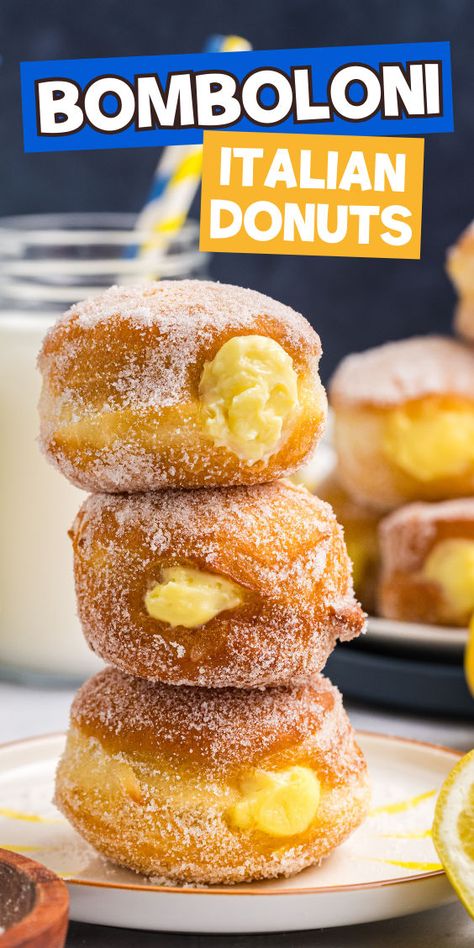 Authentic Italian recipe for bombolini Italian doughnuts Baked Filled Donuts Recipe, Simple Baked Goods, Bomboloni Recipe, Italian Pastry Cream, Heavenly Dessert Recipe, Italian Donuts, Italian Christmas Recipes, Homemade Doughnuts, Custard Desserts