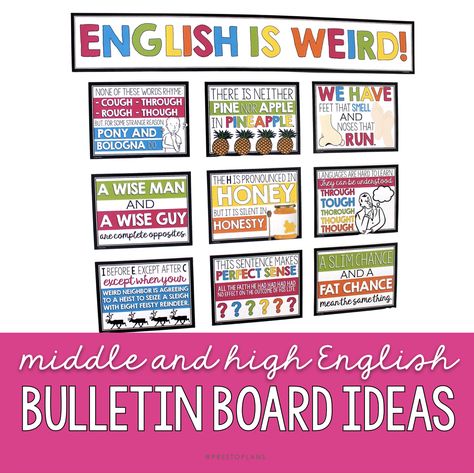 Bulletin Board Ideas For Middle & High School English - Presto Plans Middle School Ela Bulletin Boards Ideas, English Board Ideas Classroom Decor, English Bulletin Board Ideas, Classroom Bulletin Boards High School, Bulletin Boards High School, Grammar Bulletin Boards, Grammar High School, English Bulletin Boards, Language Classroom Decor