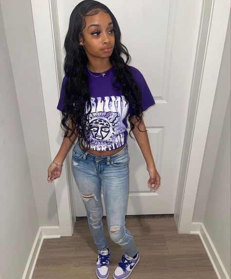 Black And Purple 12s Outfit, Purple 12s Jordans Outfit, Denim 1s Outfit, Championship Purple Dunks Outfit, Blueberry Dunks Outfits, Purple Dunks Outfit Black Women, Purple Dunks Outfit, Outfit Ideas Purple, Outfit Ideas With Jordans