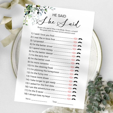 He Said She Said Bridal Shower Game Invitation He Said She Said Game, Wedding Party Games, Wedding Trivia, Fun Bridal Shower Games, Bridal Shower Activities, Fun Wedding Shoes, I Loved You First, Bridal Bingo, He Said She Said