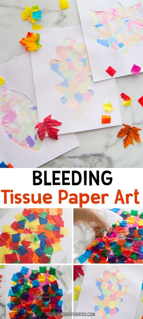 FALL TISSUE PAPER ART - such a fun process art activity! Adapted Art, Infant Play, Tissue Paper Painting, Painted Antlers, Snail Craft, Tissue Paper Art, Toddler Parenting, Project For Kids, Quick Crafts