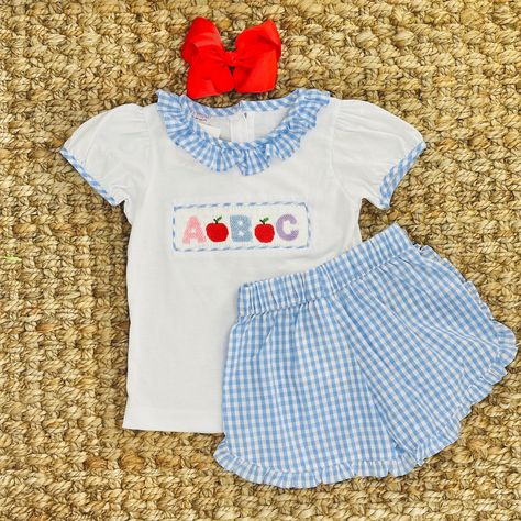 Kids First Day Of School Outfit, Girls Shorts, Girls Clothing Sets, Knitting Girls, Blue Gingham, Mailing List, Clothing Sets, Clothing Care, Knit Shorts