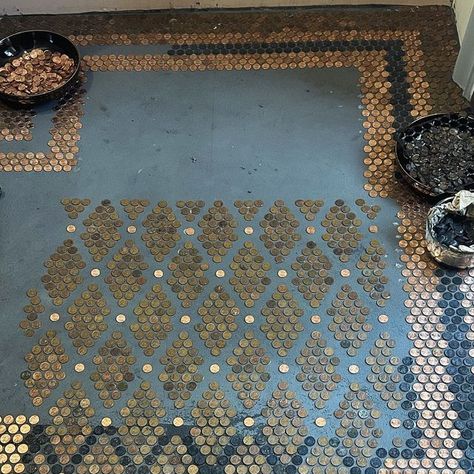 Kat Von D on Instagram: "Progress shot of the bathroom penny floor. ALSO, you guys left a ton of questions/comments on my last penny floor post (mostly sweet, but some extremely rude💁🏻‍♀️) but figured I’d answer some of those here:  •we definitely plan on grouting and then covering with a couple of layers of clear epoxy - so the pennies won’t oxidize, it will be easy to clean, and won’t exude a copper scent.   •the template I am using was not designed for this but works well for it. I’ll try and find where I got it and link it for you guys soon.   •the black pennies: I didn’t paint them, but I did treat them using Liver of Sulfur which smells awful.  I do plan on making a full length how-to video to show you guys step by step.   •yes, all the pennies are heads up and facing the same dire Penny Mosaic, House Rehab, Penny Floor, Black Grout, Creative Flooring, Cheap Flooring, Penny Tile, Unfollow Me, Clear Epoxy