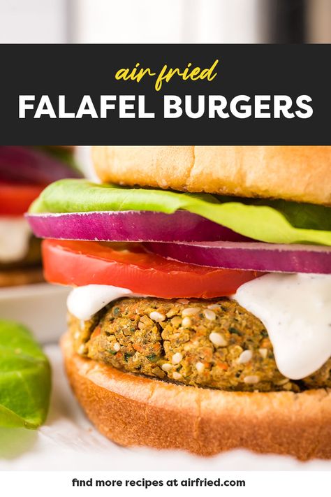 Air Fryer Falafel Burgers Falafel Air Fryer Recipe, Air Fried Falafel, Canned Chickpea Falafel Air Fryer, Falafel From Canned Chickpeas, Canned Chickpea Falafel, Falafel Burgers, Homemade Tzatziki Sauce, Homemade Tzatziki, Meat Alternatives