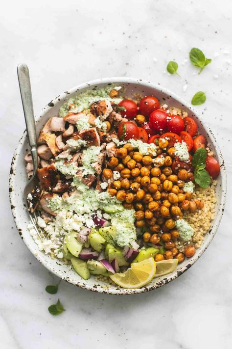 Greek Chicken Power Bowls - Creme De La Crumb Healthy Girl Recipes, Chicken Power Bowl Recipe, Greek Buddha Bowl, Chicken Buddha Bowl, Healthy Bowl Recipes, Tzatziki Dressing, Adult Lunchables, Superfood Bowl, Power Bowl Recipe