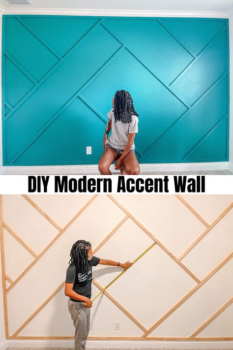 Painted Wood Design On Wall, How To Do An Accent Wall With Wood, Accent Wall With Boards, Wood Design Walls, A Cent Wall Ideas, How To Do Accent Walls, How To Make A Statement Wall, 1x1 Wood Accent Wall, Wood Wall Design Ideas Office