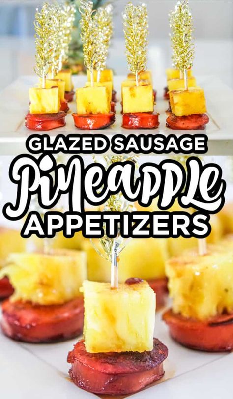 Pineapple Bites Appetizer Recipes, Sausage And Pineapple Bites, Smoked Sausage And Pineapple Appetizers, Dock Party Food Ideas, Keilbasa Recipes With Pineapple, Pineapple Kielbasa Appetizers, Appetizers With Pineapple, Pineapple Appetizers Appetizer Ideas, Kielbasa Pineapple Appetizer