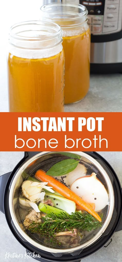 How to make Instant Pot Bone Broth or Chicken Stock. So much faster than other methods! With just a few simple ingredients you can make homemade chicken bone broth in your pressure cooker. For the most nutrition, use organic chicken bones in this easy recipe. Plus benefits and uses for your homemade bone broth, including healthy nourishing soups. #instantpot #bonebroth #pressurecooker #chickenrecipes Instant Pot Bone Broth, Bone Broth Instant Pot, Dehydrated Recipes, Chicken Bone Broth Recipe, Simple Soups, Improving Digestion, Homemade Bone Broth, Chicken Bone Broth, Lamb Recipe