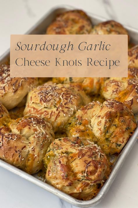 Freshly baked Sourdough Garlic Cheese Knots sprinkled with Parmesan and smoked salt. Sourdough Cheesy Garlic Bread, Garlic Cheese Sourdough Bread, Cheesy Sourdough Bread, Garlic Cheese Knots, Cheese Knots, Sourdough Garlic Knots, Foccacia Bread, Discard Recipes, Bread Soft